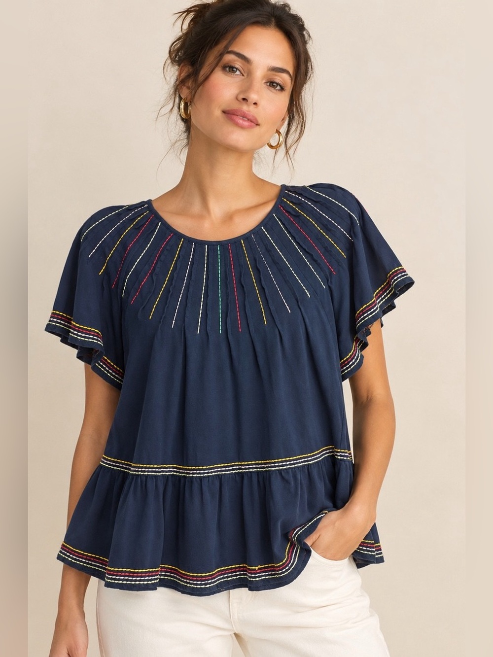 Maeve Anthropologie Chamonix Embroidered Swing Top Navy Rainbow XS Oversized